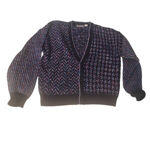 Vintage Permit Multi Color Abstract Knit Cardigan Sweater Size Medium 90s